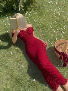 SHEIN MOD Red Ruched Off-Shoulder Long Dress – Garden Tea Party, Date, Party, Women's Summer And Spring Dress, Beachwear, Spring Break, Vacation, Picnic, Festival, Birthday Outfit.Deep Red Ruched Midi Dress Off-Shoulder Sleeves Bodycon Fit Sweetheart Neckline Gathered Details Elegant Silhouette Draped Bodice Slim Cut Dramatic Style Feminine Curves Sophisticated Design Textured Appearance Soft Sheen Sculpted Waist Evening-Inspired Look Classic Charm Rich Hue Romantic Touch Refined Finish Alluring Shape,Summer Holiday Outfits, Vacation Outfits , Carnival Costume , Valentines Day Outfit  , Valentine Outfits For Women , Summer Outfits , Spring Break Outfits - Red - View 3
