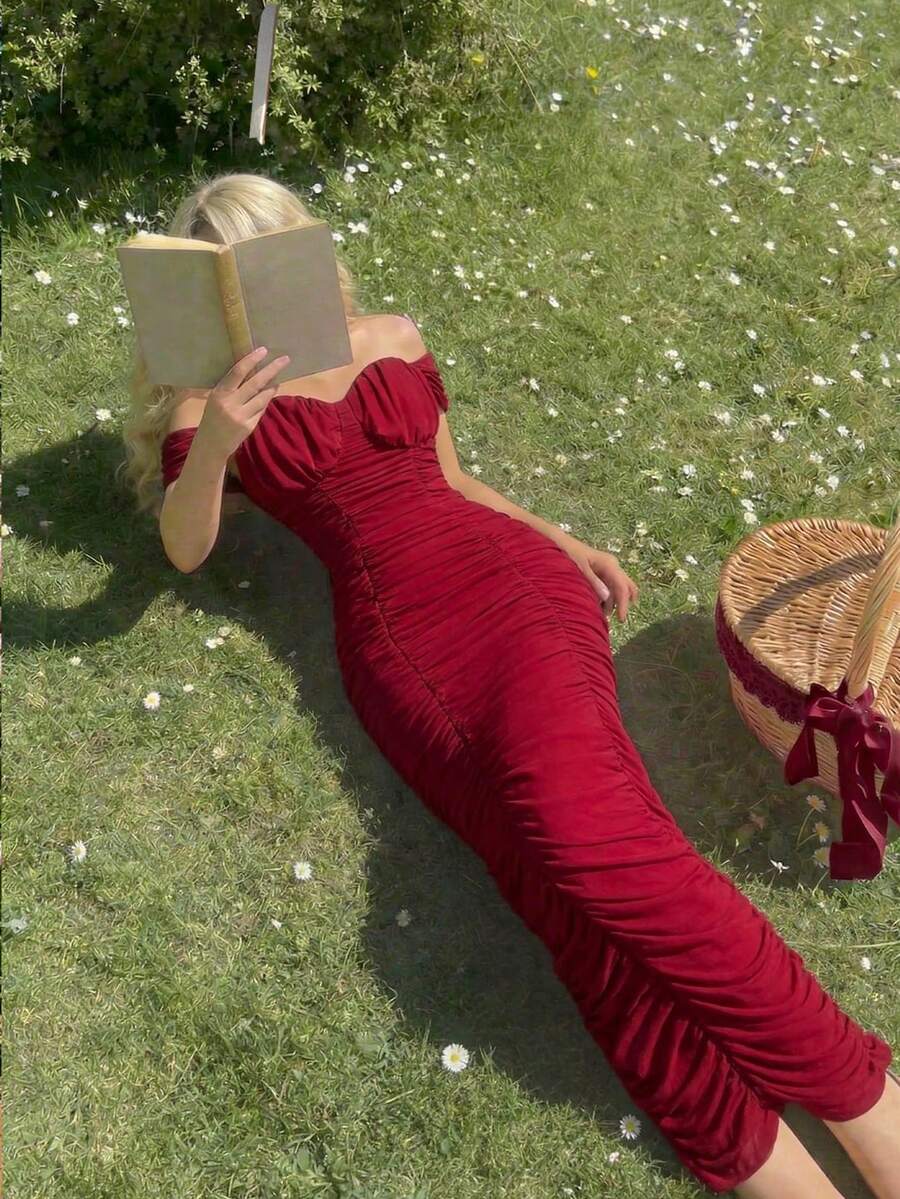 SHEIN MOD 红色褶皱露肩长裙——花园茶会、约会、派对、女士春夏连衣裙、沙滩装、春假、度假、野餐、节日、生日装 - 紅色 - 查看 1