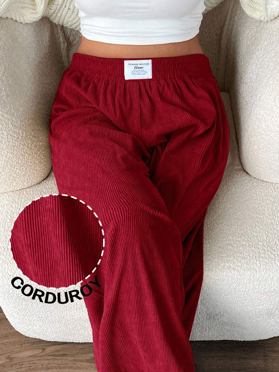 SHEIN EZwear 大码女式高腰宽松阔腿裤，卡其色灯芯绒面料，带口袋和贴布设计，适合校园、日常穿着和室内工作，秋冬季穿着。 - 紅色 - 查看 1