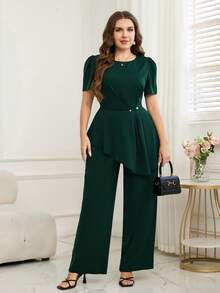 Bộ đồ 2 món cỡ lớn, thanh lịch, màu trơn, vạt áo bất đối xứng, thích hợp đi làm. - màu xanh lá - Xem 7