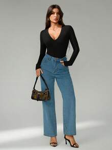 SHEIN Tall 3件套休闲纯色针织修身长袖心形领连体衣（女款） - 彩色 - 查看 10