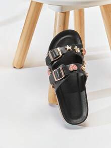Mini mi Kids' Star & Heart Charms Double-Buckle Footbed Cork Pu Black Slide Sandal– Cute, Fun & Comfortable - Black - View 7
