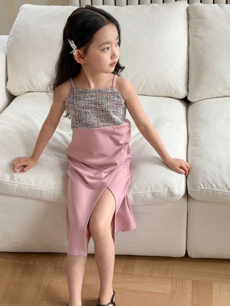 Young Girl Plaid Patchwork Side Slit Hem Camisole Dress Summer