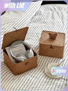 Joivida 1Pc/2Pcs Japanese Handwoven Seagrass Storage Basket With Lid, Home Desktop Cosmetic Sundry Organizer - Multicolor - View 7