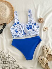 Travachic KIDS Tween Girl Palm Tree Print Casual Swimsuit Set, Summer - Multicolor - View 2