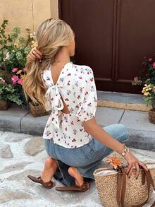 SHEIN Frenchy Blusa de verano casual de mujer con estampado floral diminuto y mangas con volantes con lazo en la espalda - Multicolor - Ver 2