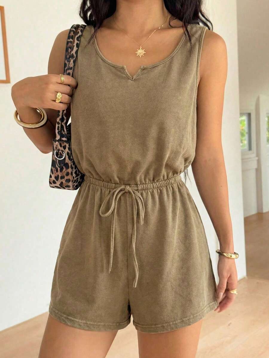 SHEIN EZwear Bộ áo liền quần kaki dệt kim co giãn cho nữ, áo liền quần ngắn kiểu dáng thường ngày, áo liền quần có túi, áo liền quần ngắn, áo liền quần nữ, bộ đồ đi nghỉ mát cho nữ, trang phục thường ngày cho nữ, bộ đồ liền thân mùa hè cho nữ, áo liền quần nữ. - màu nâu - Xem 1