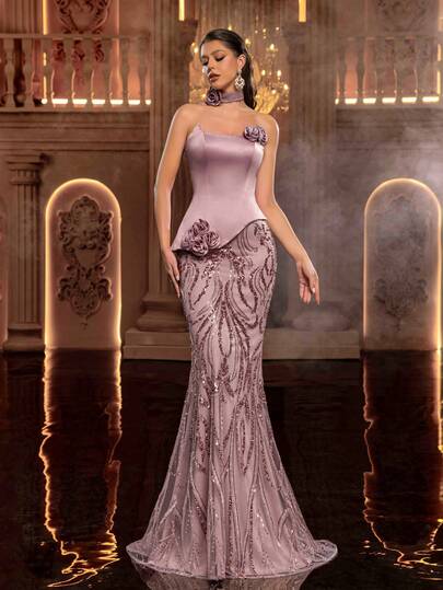 Glamrae Falda de sirena de satén fruncido con empalme de malla bordada con perlas elegante y lujosa, adecuada para boda, fiesta, vacaciones, baile, vestido de noche (bordado pesado)