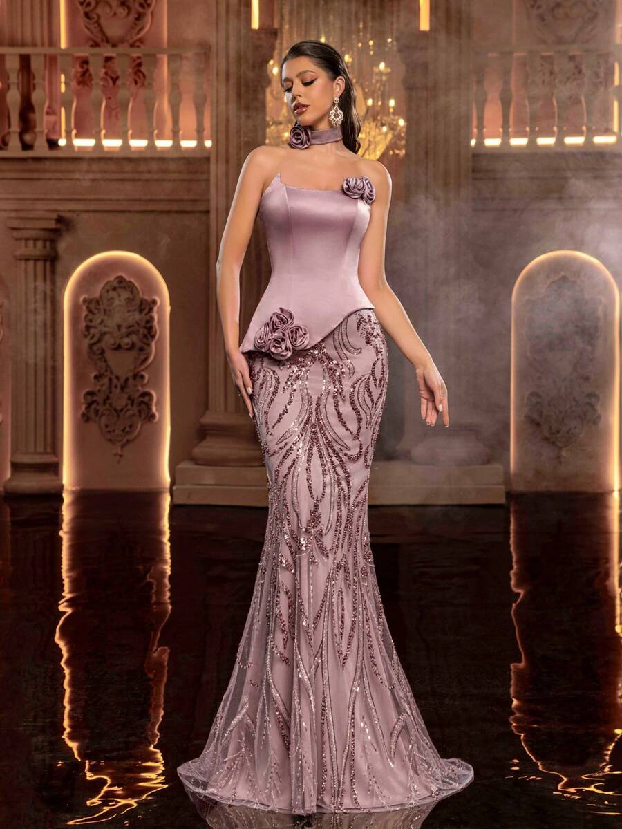 Glamrae 优雅奢华珍珠串珠刺绣网纱拼接弹力缎面褶皱美人鱼裙，适合婚礼、派对、度假、舞会、晚礼服（重工刺绣） - 粉色 - 查看 1