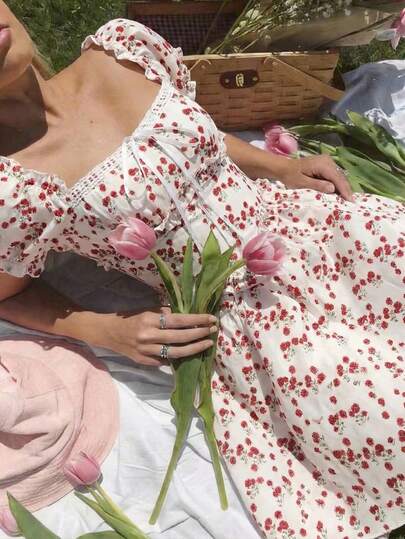 Breezaya Vestido de mujer con hombros descubiertos, mangas abullonadas, textura floral y volantes en el bajo