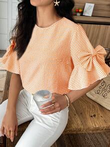 SHEIN LUNE 女士格子圆领蝴蝶结装饰休闲百搭日常衬衫 - 橘色 - 查看 6