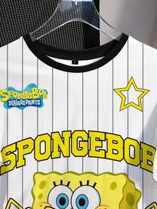 SpongeBob SquarePants | SHEIN Women Cartoon Print Striped Round Neck Short Sleeve T-Shirt - White - View 5