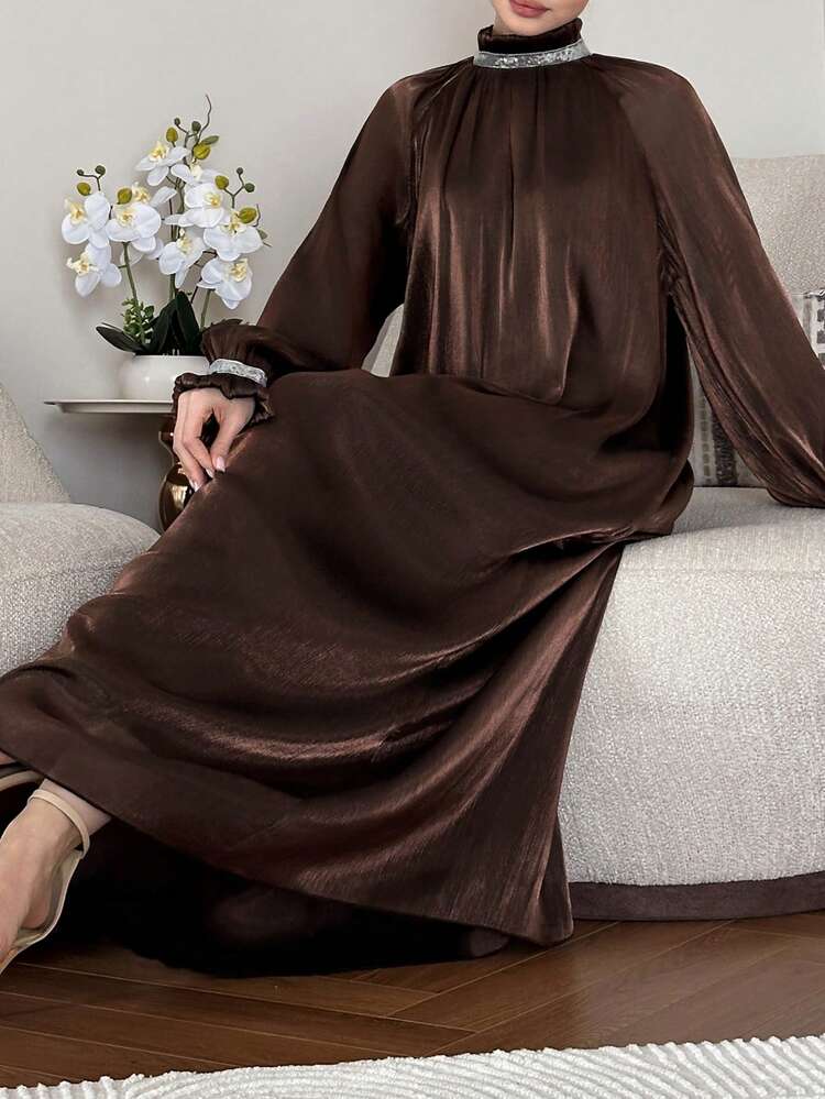 Women's Sequin Patchwork Collar Raglan Sleeve Loose Elegant Mid-Length Dress Sundress