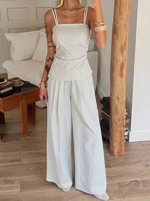 DAZY Striped Ruched Waist Cami Top & Wide Leg Pants Set - Beige - View 6