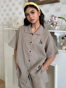DAZY Teen Girl Cartoon Bear Striped Short Sleeve Button-Up Top And Shorts Pajama Set - Khaki - View 4