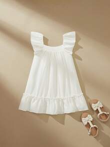 SHEIN Girls' Sleeveless White Dress, Pure White Tone Fresh And Gentle, Large Ruffle Flared Sleeves With Bowknot Back, Pastoral Cute Casual Minimalist Summer Girls Dress - White - View 1