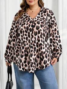 SHEIN CURVE+ 大码女装秋冬休闲宽松舒适V领黑色长袖衬衫，秋季女装，女式衬衫，大码上衣，复古风，黑色上衣，商务休闲女装，办公室女装，W码，教师衬衫，女士秋冬服装，冬季，大码 - 棕色 - 查看 4