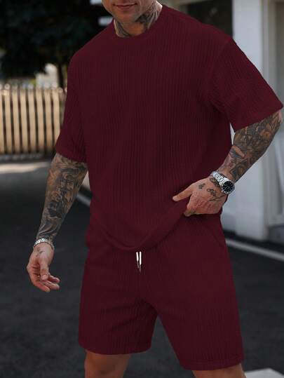 Manfinity CasualCool Men's Casual Solid Color Textured Fabric T-Shirt And Drawstring Waist Shorts Set, Summer Daily Commute