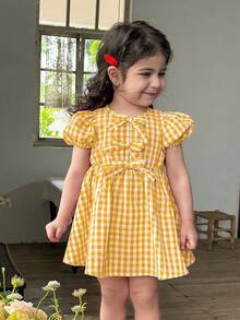 LMoss Kids 女婴格子圆领花瓣袖修身休闲连衣裙 - 黃色 - 查看 6