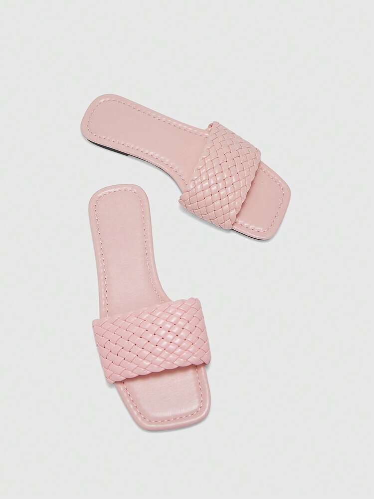 CUCCOO BIZCHIC Women's Woven Open-Toe Flat Sandals Cute Fashion PU Leather Pink Flat Sandals Daily Outdoor Indoor