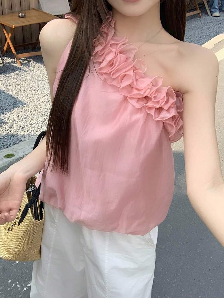 Patchwork 3D Floral Trim Asymmetric Shoulder Sleeveless Casual Summer Blouse For Women