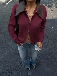 SHEIN Frenchy 复古拼接领短款开衫毛衣 - 2 色可选，女士秋冬服装，美拉德针织开衫，高端仿皮领双拉链针织开衫外套 - 酒紅色 - 查看 5