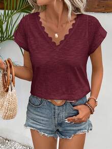 SHEIN Frenchy Casual Solid Color Lace Patchwork V-Neck Short Sleeve T-Shirt,Summer Top - Burgundy - View 6