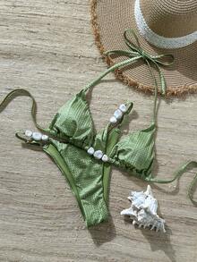 Swim Chiccia Women's Jacquard Fabric Beaded Halter Bikini Set, Spring/Summer - Army Green - View 4