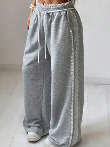 SHEIN EZwear Women's Drawstring Waist Lace Patchwork Casual Versatile Commuting Sweatpants - Light Grey - View 2