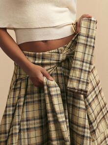 NYA SZN Skirt High Rise Loose Tie Knot Plaid Red Yellow Grunge Holiday Festival Winter Special Occasion Elegant Luxury Outfits For Women - Khaki - View 4