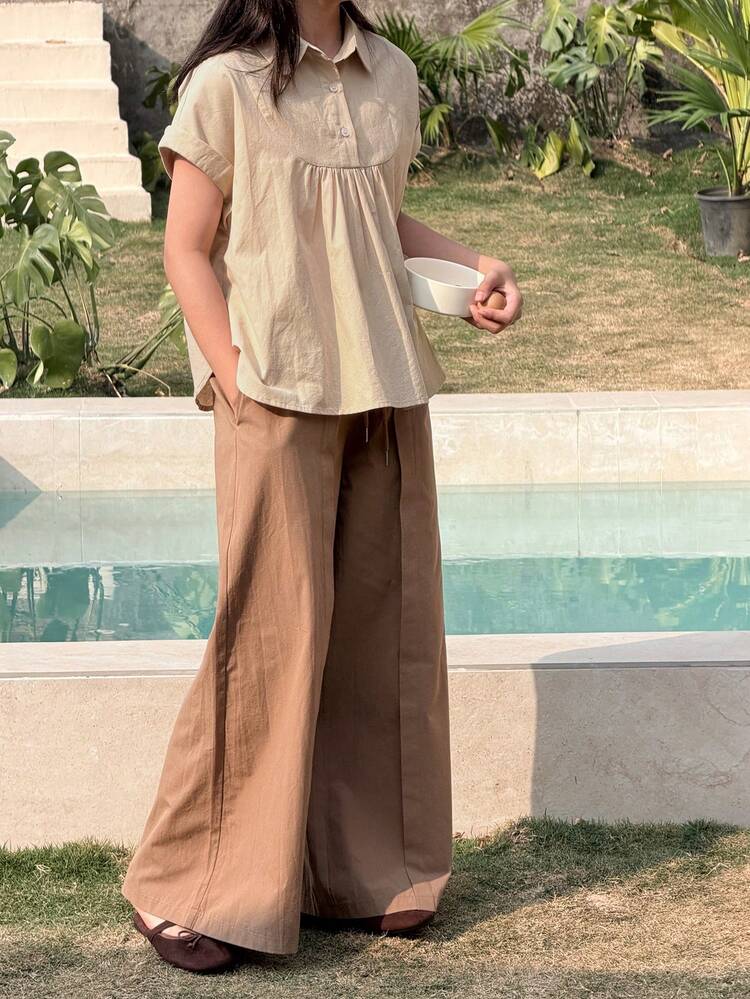 2pcs Tween Girls Collared Short Sleeve Shirt And Wide Leg Pants Set, Fall Outfit