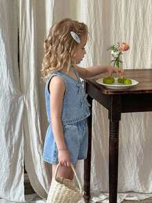 LMoss Kids 2件套女童牛仔无袖背心和宽松短裤套装 - 淺色水洗藍 - 查看 3