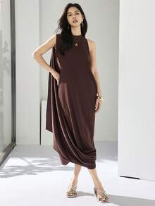 Heiryn New Arrival Korean Design Asymmetrical Draping Sleeveless Elegant Chic Commuting Dress - Brown - View 2