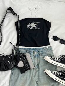 Attitoon 休闲五角星印花短款背心，夏季合身设计 - 黑色 - 查看 6