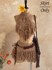 Soleia Fringe Knit Micro Mini Skirt Low Rise Sexy Holiday Ibiza Rave Boho Vacation Escapade Fall Night Out Autumn Winter Techno - Khaki - View 1