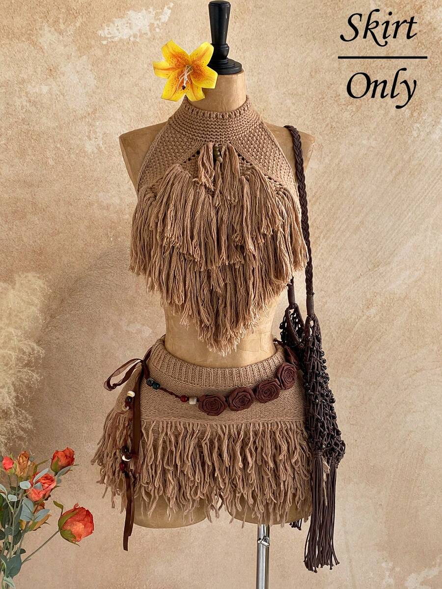 Soleia Fringe Knit Micro Mini Skirt Low Rise Sexy Holiday Ibiza Rave Boho Vacation Escapade Fall Night Out Autumn Winter Techno - Khaki - View 1