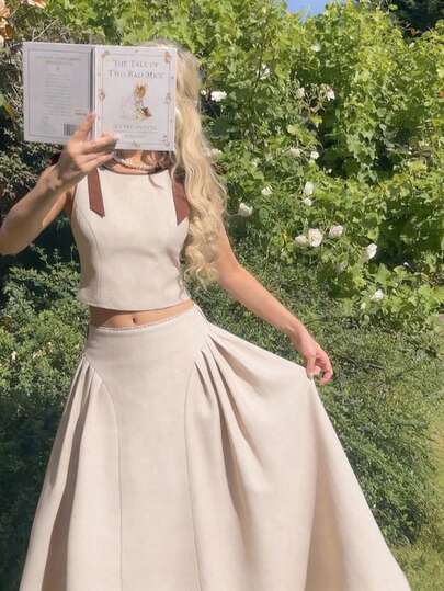 SHEIN MOD 卡其色无袖圆领撞色饰边蝴蝶结收腰喇叭裙套装，包含连衣裙、背心和长裙——复古宫廷风，尽显贵族气质，适合职场、返校、约会、派对、节日和生日等场合。