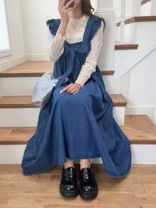 FRIFUL Women's Knotted Frill Trim Denim Dress - Blue - View 9