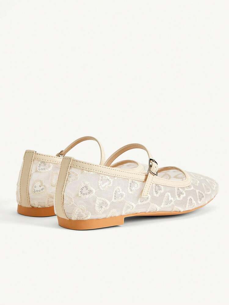 CUCCOO CHICEST Women Shoes Fashionable Beige Lace Love Mesh Mary Jane Breathable Flat Shoes Cute Sweet Elegant Women Flat Shoes Women's Shoes Elegant Shoes Wedding Shoes Summer Shoes Bride Shoes