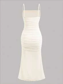 SHEIN 少女针织网眼印花褶皱紧身吊带裙 - 白色 - 查看 2