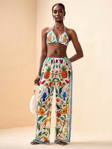 Zivah 2026 Vacation Casual Beach Sheer Retro Print Loose Pants & Cover-Up - Green - View 7