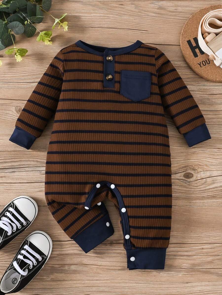 Baby Boy Fashionable Casual Striped Long Sleeve Jumpsuit With Pocket & Snap Button, Simple And Elegant For Spring And Autumn - Brown - View 1