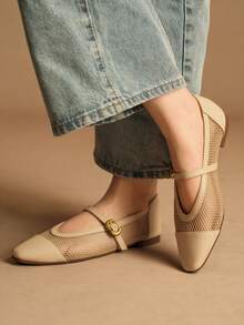 Rosivie Women's Square Toe Flat Mesh Shoes, Comfortable Breathable Soft Sole Mary Jane Shoes, Elegant French Style Everyday Commute Flat Shoes, Spring/Summer Valentine's Day - Apricot - View 4