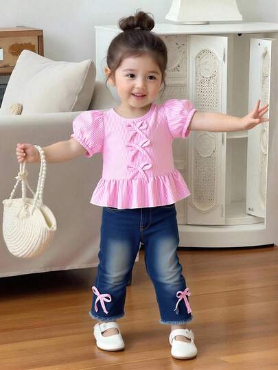 Baby Girls' Pink Striped Ruffle Short Sleeve Top With Bow And Blue Denim Pocket Pants Set, Sweet & Cute Summer Outdoor Casual Outfit