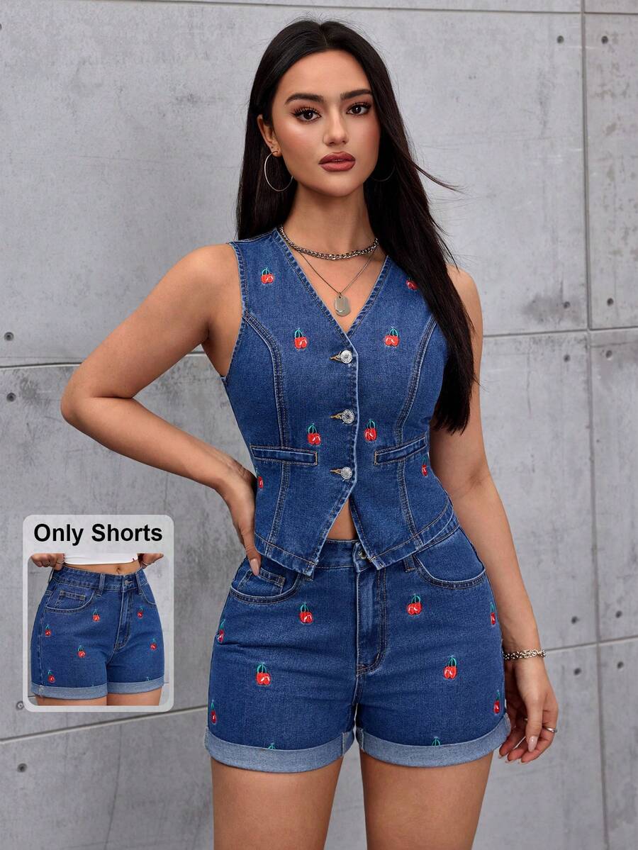 SHEIN ICON Women's Fruit Embroidered Frayed Hem Loose Denim Shorts - Medium Wash - View 1