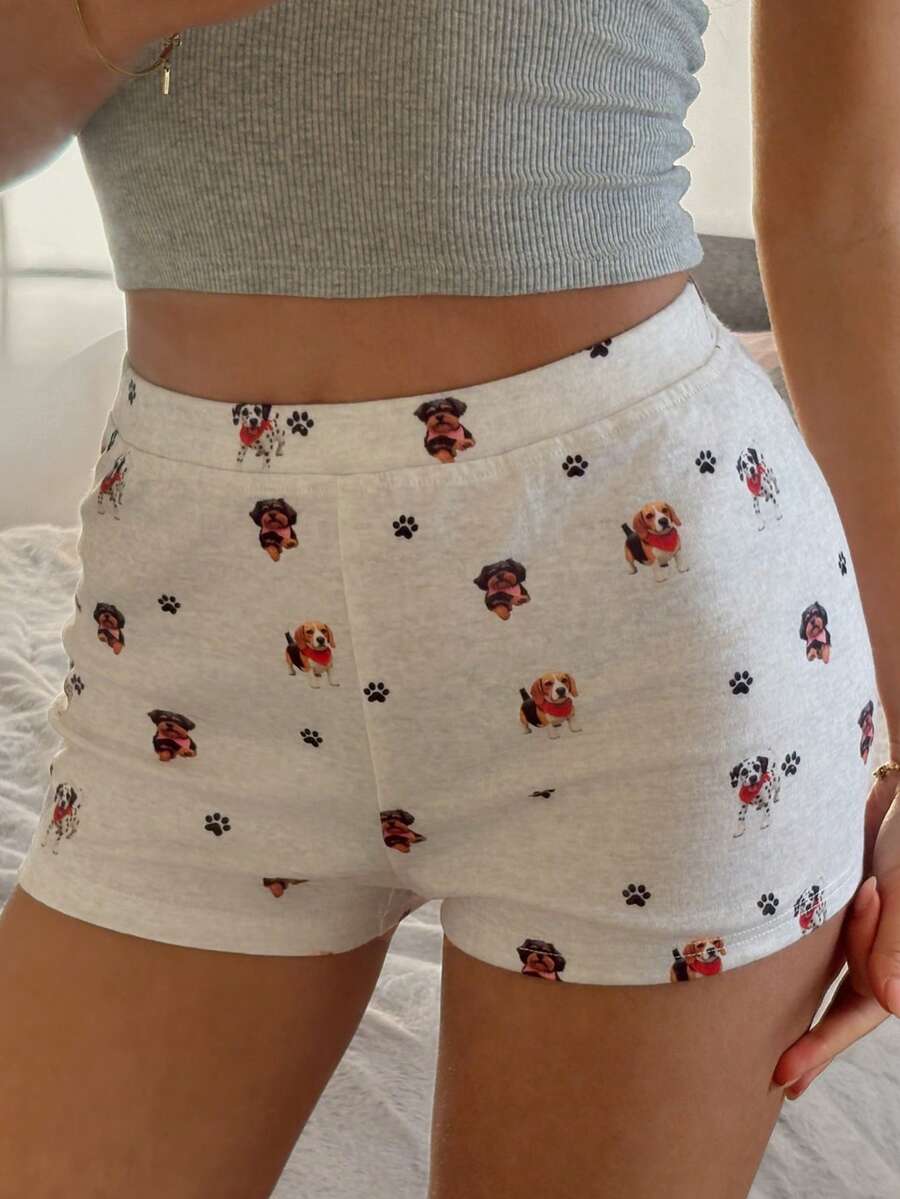 DAZY Happy Dog Print Fitted Ultra-Short Women Sleepwear Bottoms - White - View 1