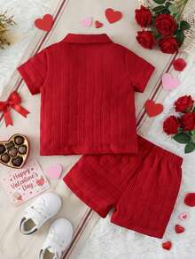 SHEIN Textured Shirt & Shorts Set, Fashionable Streetwear Style For Baby Boys - Red - View 2
