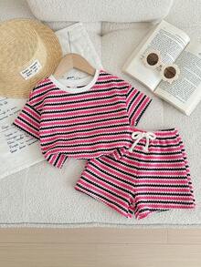 LMoss Kids Bộ 2 món áo thun cổ tròn kẻ sọc dệt kim cho bé gái và quần short - Nhiều màu - Xem 5