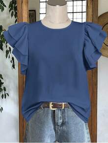 Mellowie Women's Solid Color Round Neck Casual Versatile Daily Ruffle Sleeve Blouse - Dusty Blue - View 8