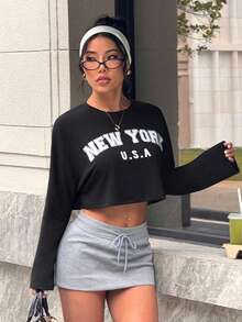 Dewbera Letter-Print Crew Neck Pullover Long-Sleeved Sweatshirt Suitable For Everyday Wear - Black and White - View 3